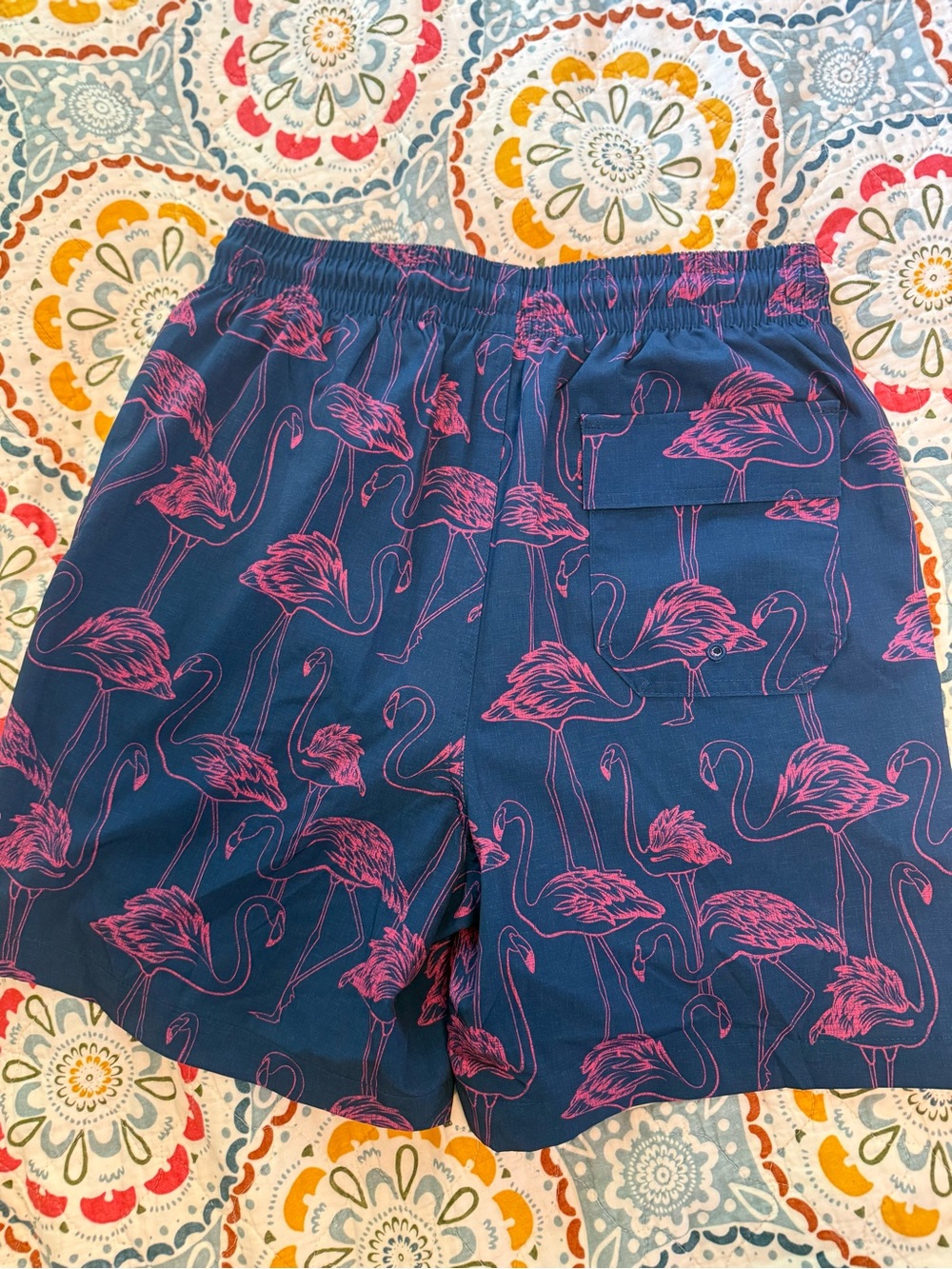 Navy Blue swimming suit Shorts with Pink Flamingo Print- size small